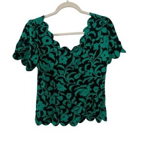 Maeve Floral Scalloped Green and Black Women's Top